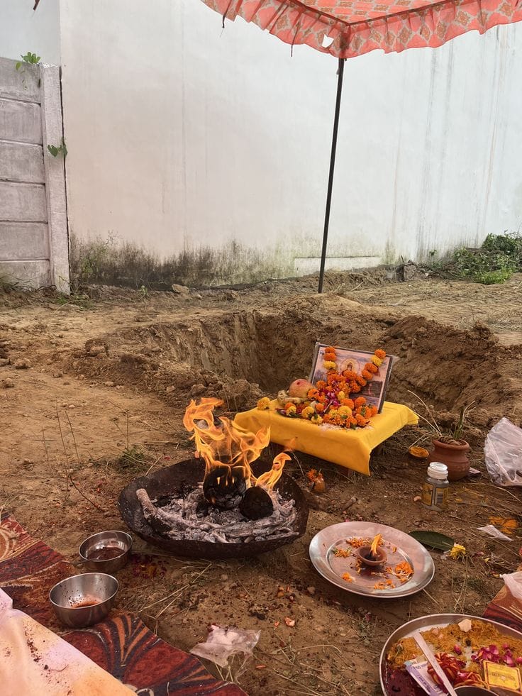 Griha Pravesh housewarming puja ceremony with sacred fire and offerings